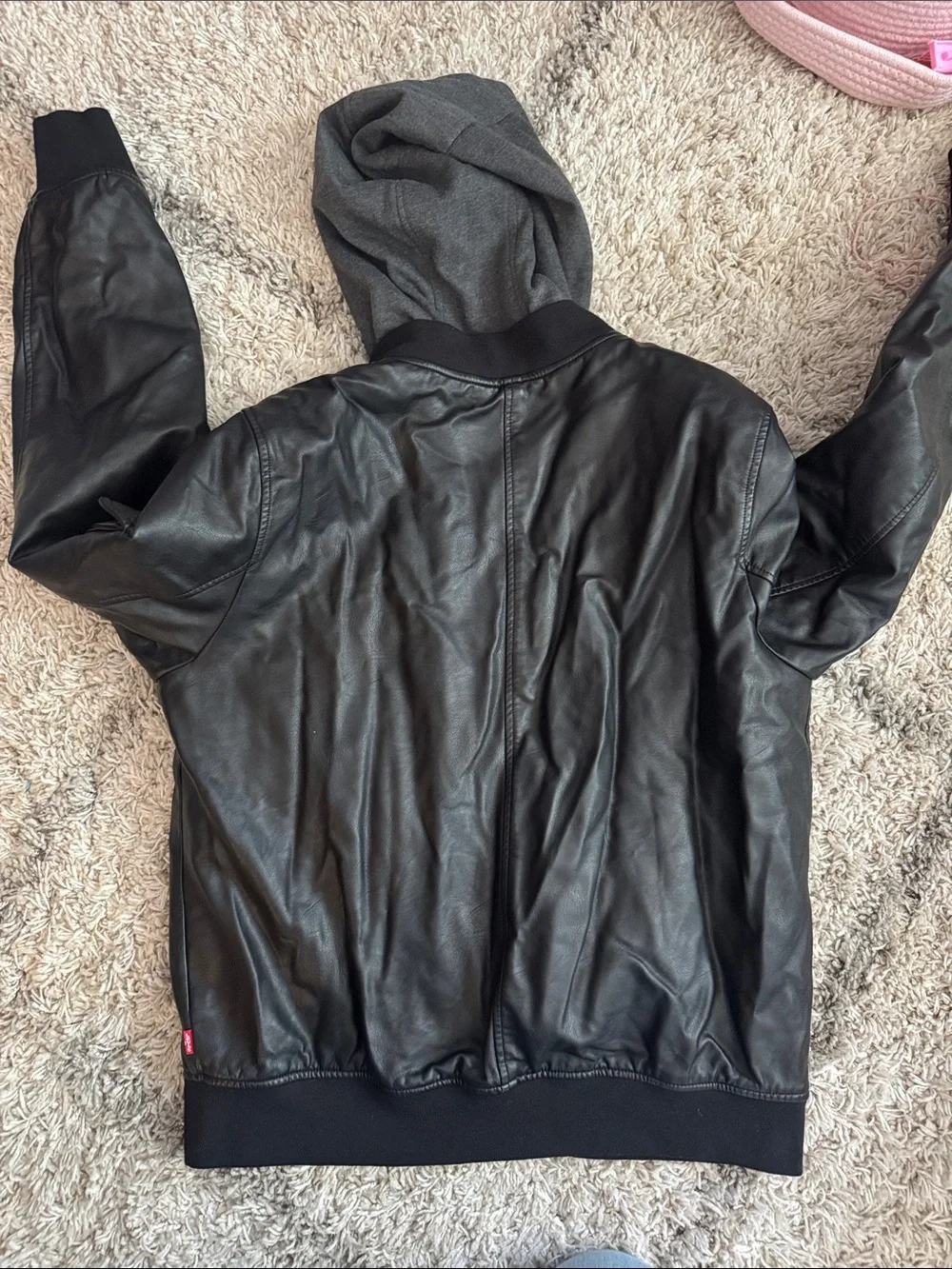 Levi's Black Faux Leather Bomber Jacket with Gray Hood